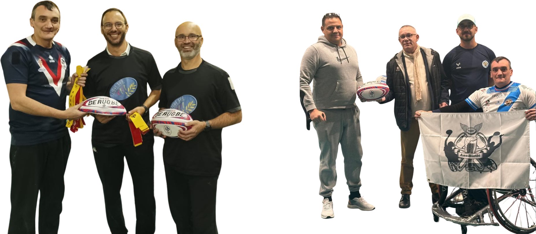 Deux groupes de licenciés détourés sur fond blanc : à gauche trois hommes debout tenant des ballons de rugby à XIII et des fanions de touche ; à droite quatre hommes, dont un en fauteuil de sport, déployant une bannière de club