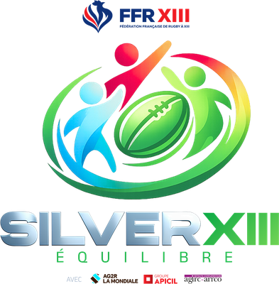 Logo du programme Silver XIII Équilibre : sous l'en-tête de la Fédération Française de Rugby à XIII, trois silhouettes bleue, rouge et verte entourent un ballon de rugby vert dans une boucle dégradée, au-dessus du nom « SILVER XIII ÉQUILIBRE » et de la mention « avec AG2R La Mondiale, groupe APICIL et Agirc-Arrco »