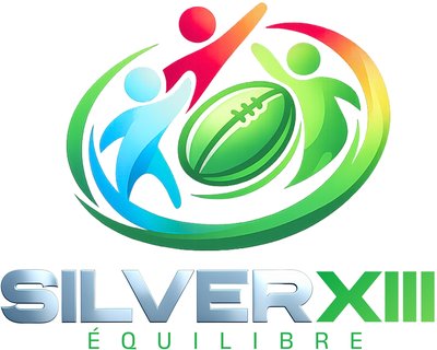 Logo du programme Silver XIII Équilibre : trois silhouettes bleue, rouge et verte entourent un ballon de rugby vert dans une boucle dégradée, au-dessus du nom « SILVER XIII ÉQUILIBRE »