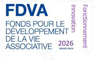 Logo du Fonds pour le développement de la vie associative, millésime 2026, DRAJES PACA : le sigle FDVA en capitales bleues au-dessus de son intitulé complet, avec les mentions « Innovation » et « Fonctionnement » en violet